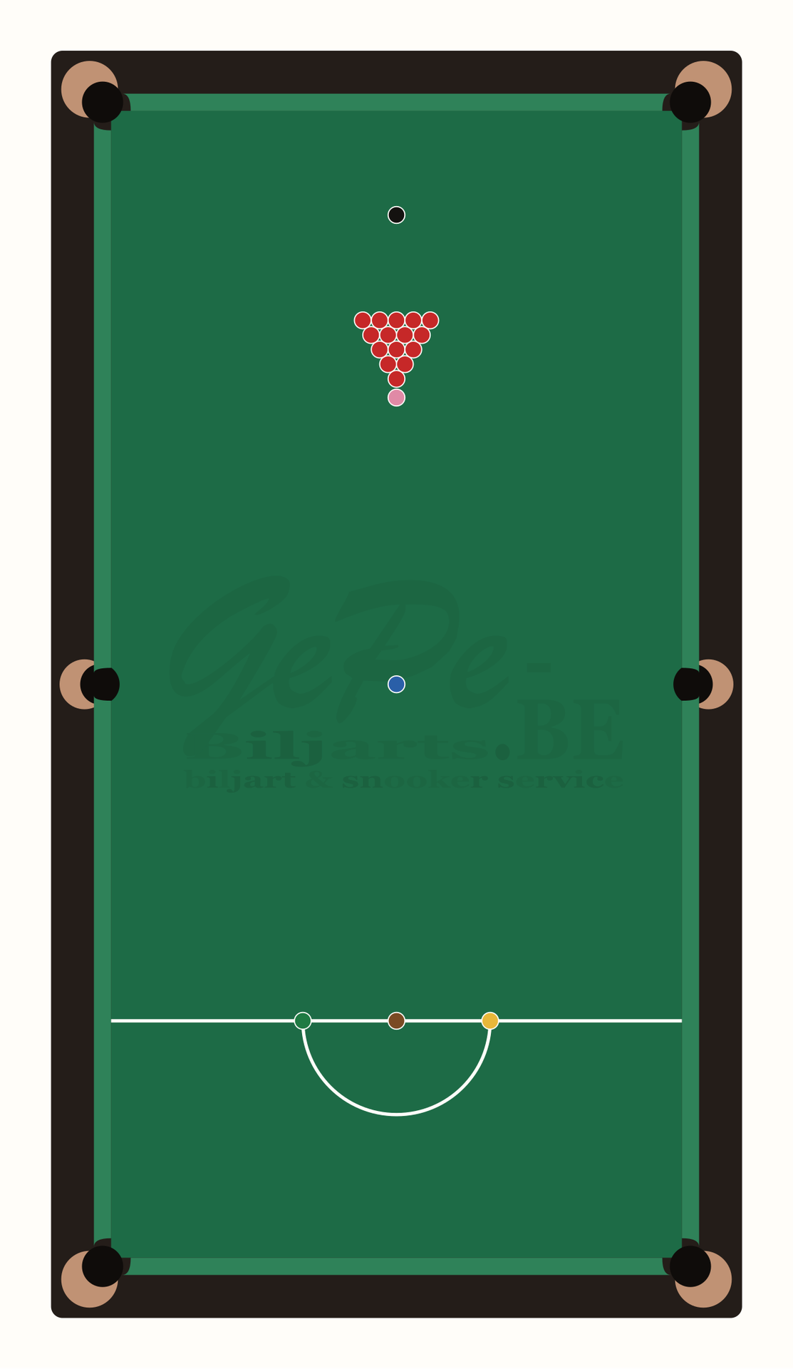 Une table de snooker avant le premier coup : la ligne de baulk avec le D, les six couleurs sur leur point et les quinze rouges derrière la rose.