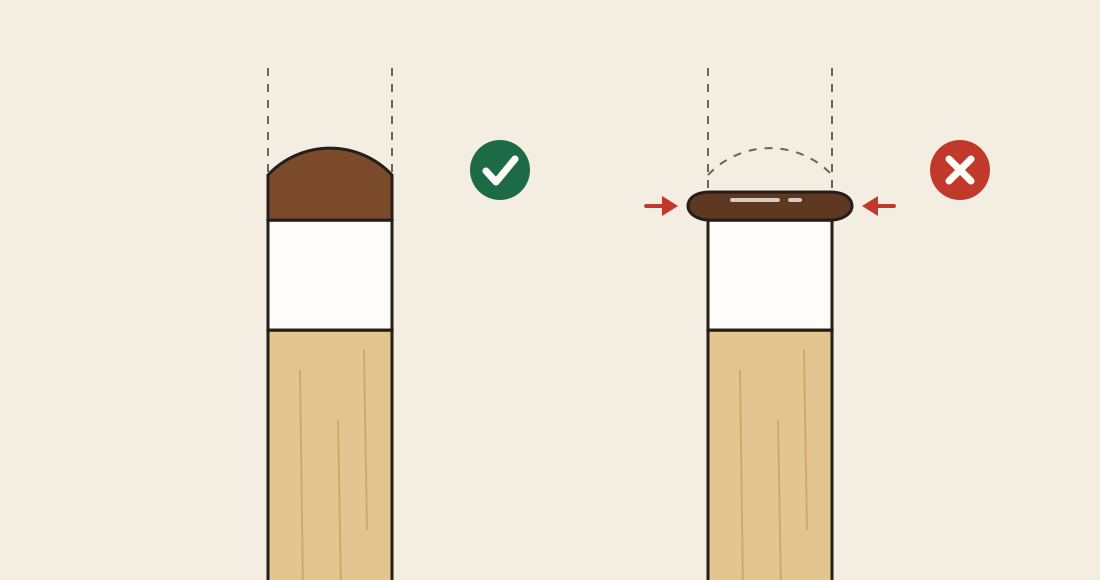 Links een goede pomerans, bol en even breed als de ferrule. Rechts een versleten: plat, glimmend en breder dan de ferrule.