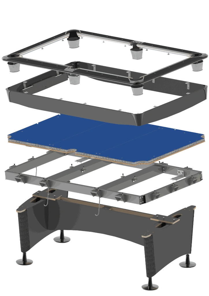 Opengewerkte tekening van de opbouw van een pooltafel - Pooltafel Clash Steel Pro Alumen