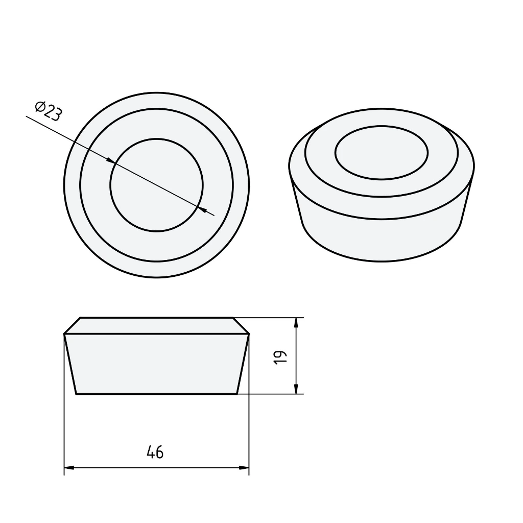 Maattekening van een ring, diameter 23 mm, 46 bij 19 mm - Vervangrubber ring golfbiljart schuin