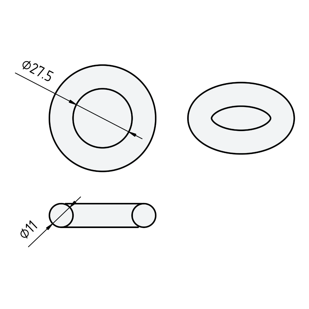 Maattekening van een ring, diameter 27,5 mm, dikte 11 mm - Vervangrubber ring golfbiljart B.G.B.