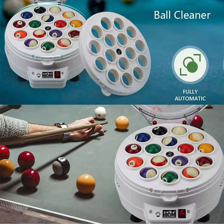 Ballenpoetsmachine in gebruik, met de schijf open en gesloten - Mr. Billiards wisselbare ring Pool