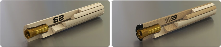 Twee close-ups van het Longoni S3-topeind met de messing VP2-joint - Longoni topeind S3 C 71cm VP2