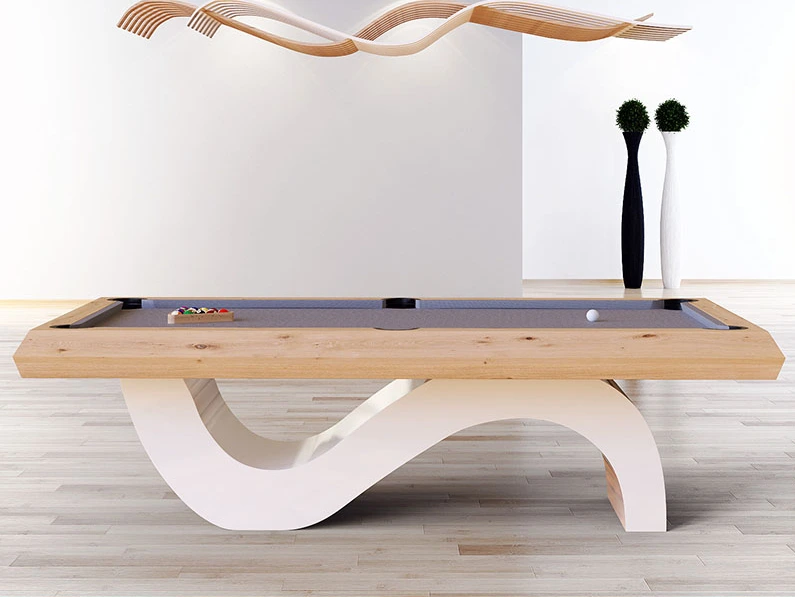 Biljart met golvend wit onderstel in een woonkamer - Pooltafel Xavigil Picasso